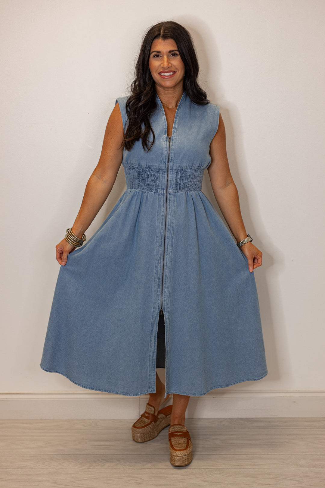 cotton denim cinched waist dress