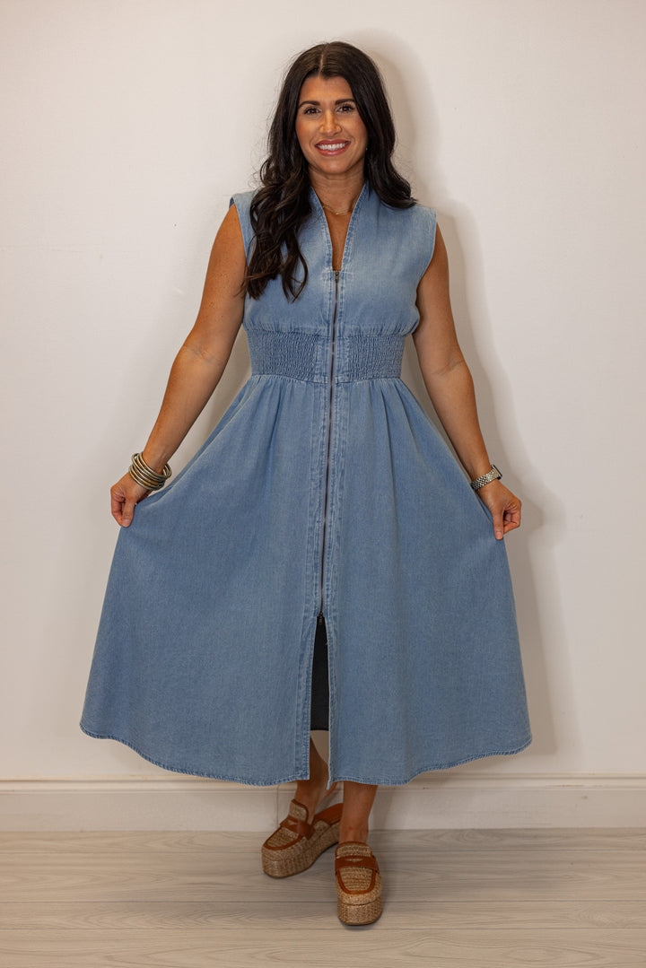 cotton denim cinched waist dress