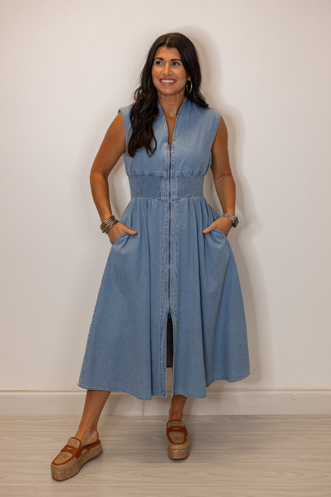 cotton denim cinched waist dress