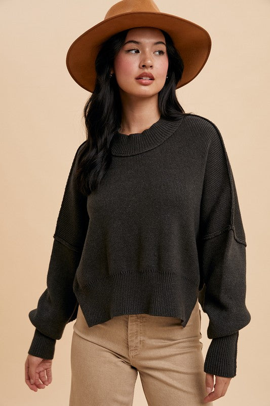 In-Loom Charcoal mock neck semi-cropped sweater with dolman long sleeves