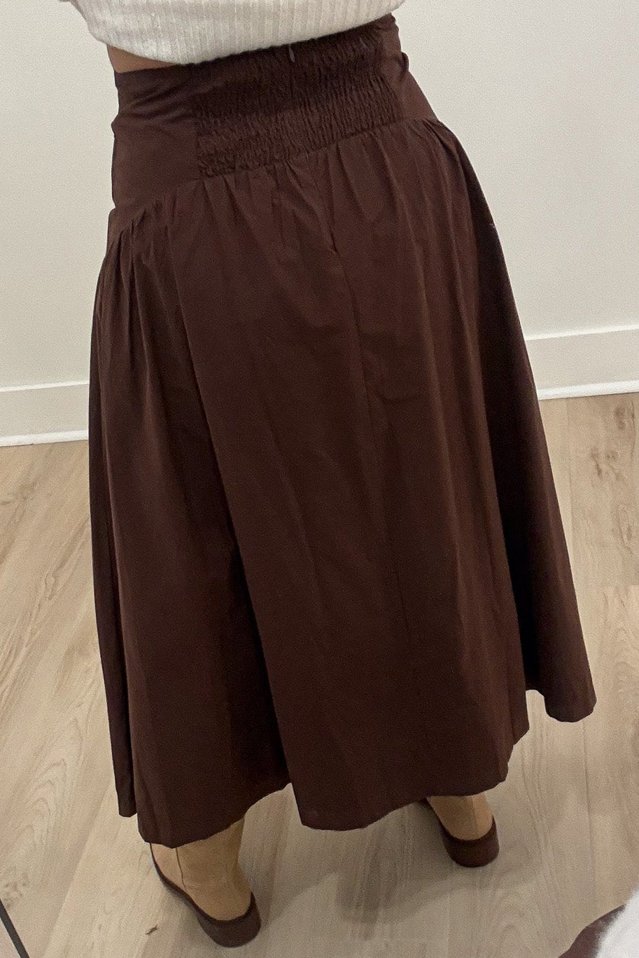 solid chocolate brown flowy silhouette cotton poplin midi skirt with smocked back waist