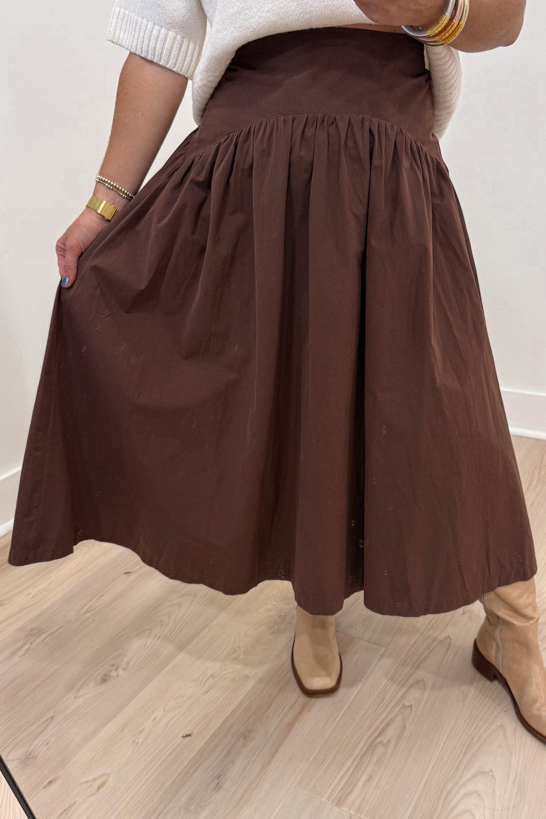 solid chocolate brown flowy silhouette cotton poplin midi skirt with back zipper closure