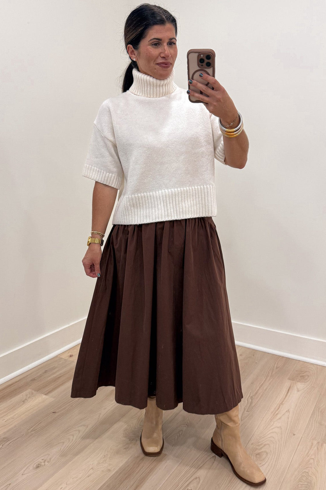 solid chocolate brown flowy A-line silhouette cotton poplin midi skirt