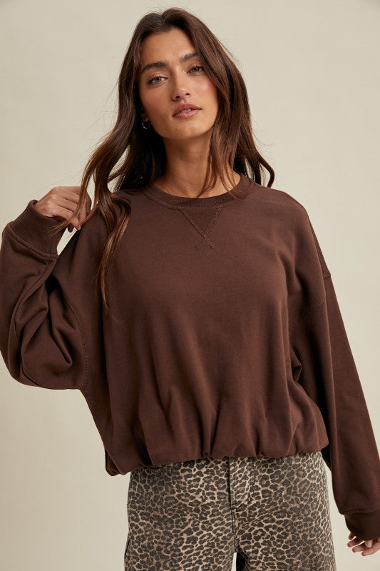 Women's chocolate brown terry knit long sleeve pullover top with bubble hem by Wishlist