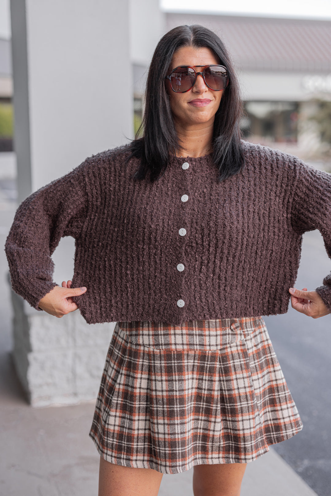 womens chocolate brown fuzzy soft knit sweater cardigan top