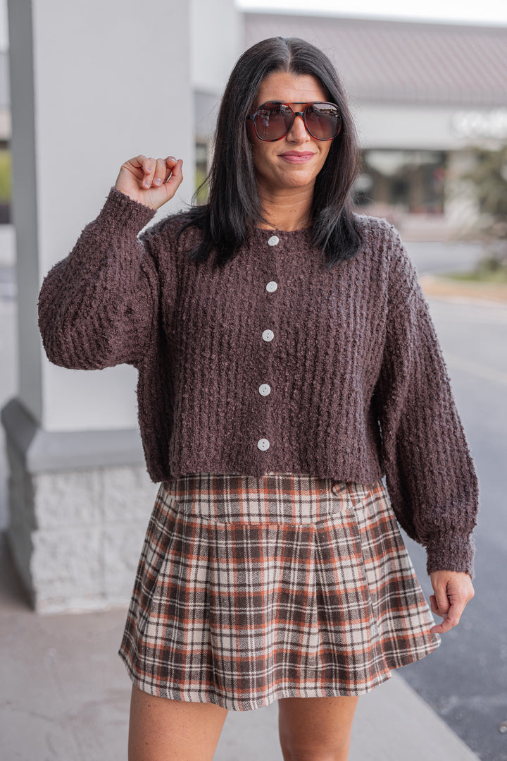 Women's brown, taupe and orange plaid flannel skirt lined with shorts by Jodifl