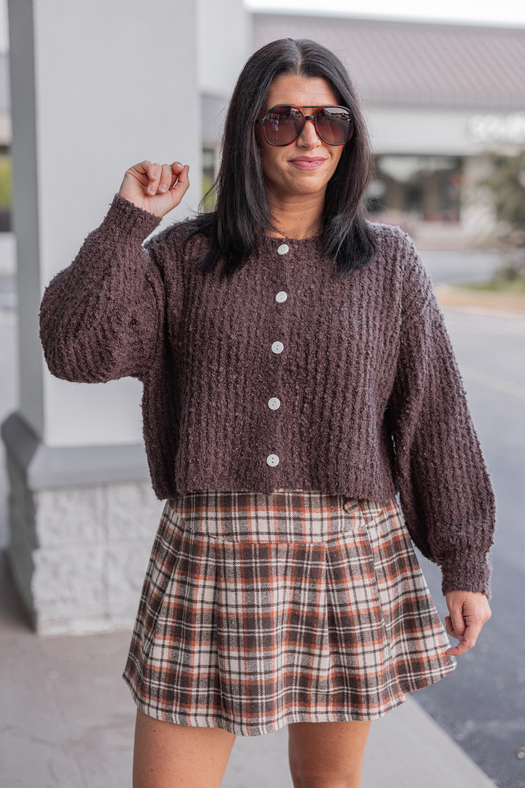 chocolate brown fuzzy soft knit sweater cardigan top