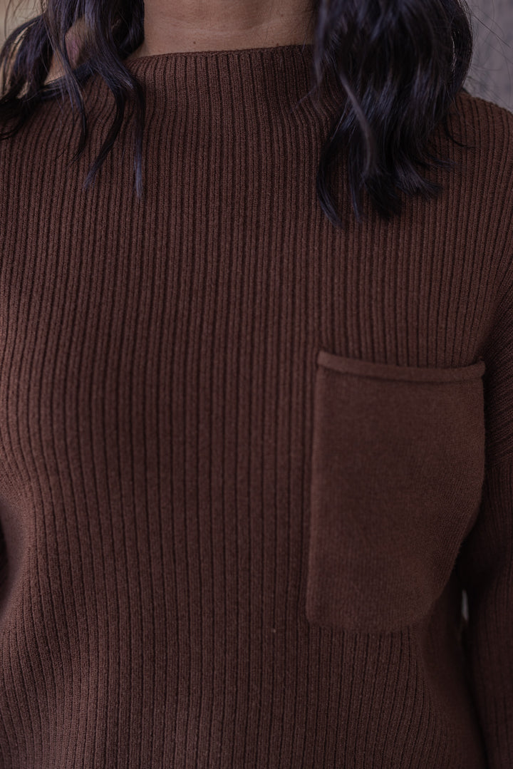 Women's chocolate brown soft ribbed knit mock neck sweater by Blu Pepper showing front chest pocket