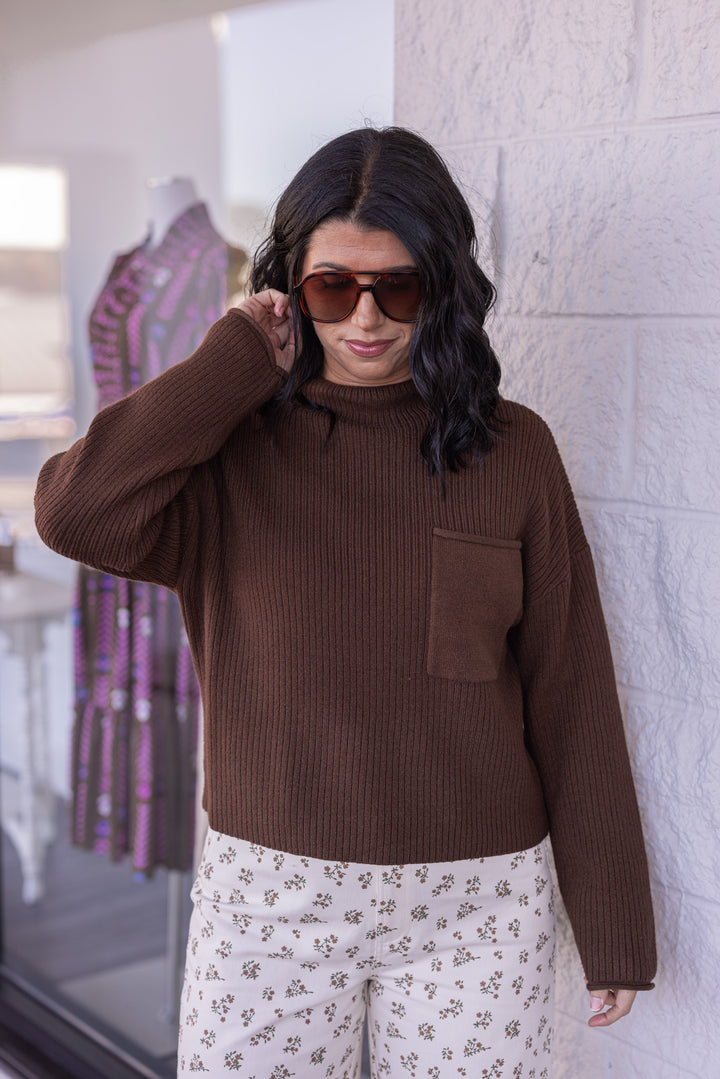 Women's chocolate brown soft ribbed knit mock neck sweater by Blu Pepper