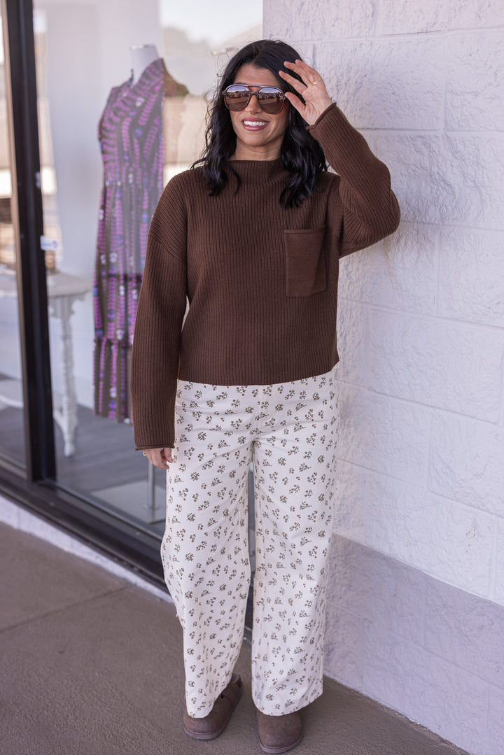 Women's cream denim pants with mocha and olive floral print by Wishlist, perfect for teachers