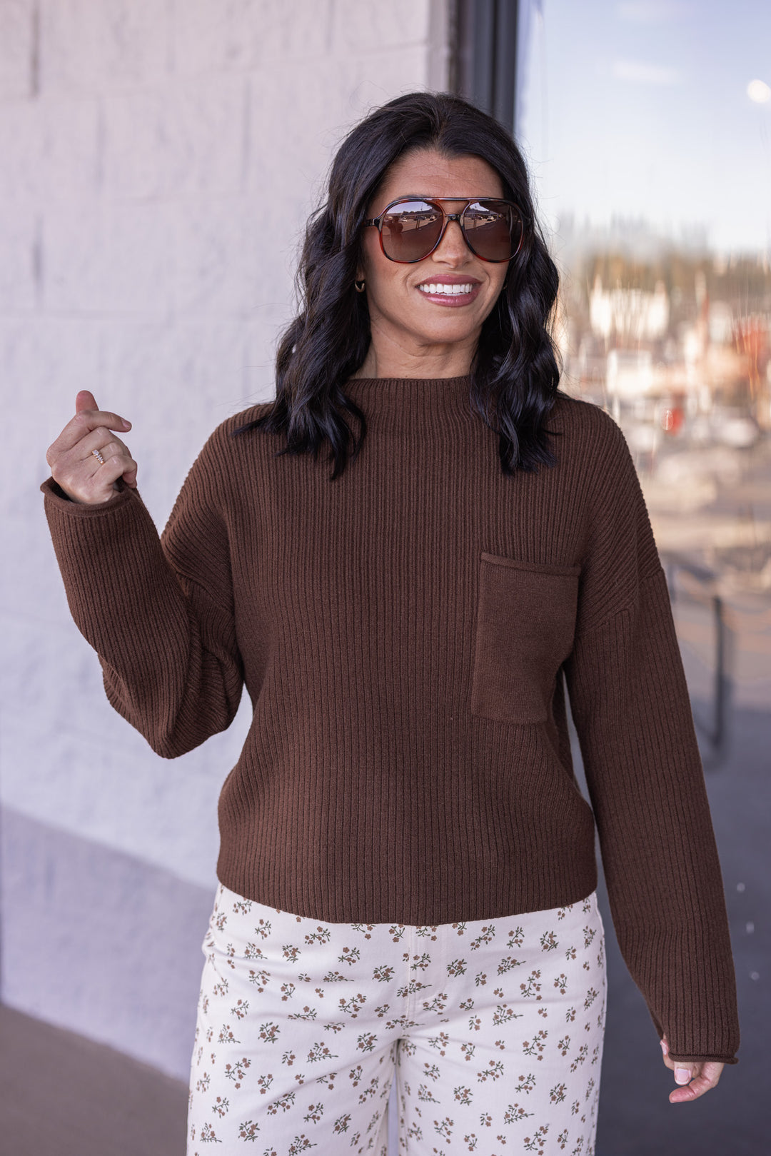 Women's trendy chocolate brown soft ribbed knit mock neck sweater by Blu Pepper, perfect for cooler weather