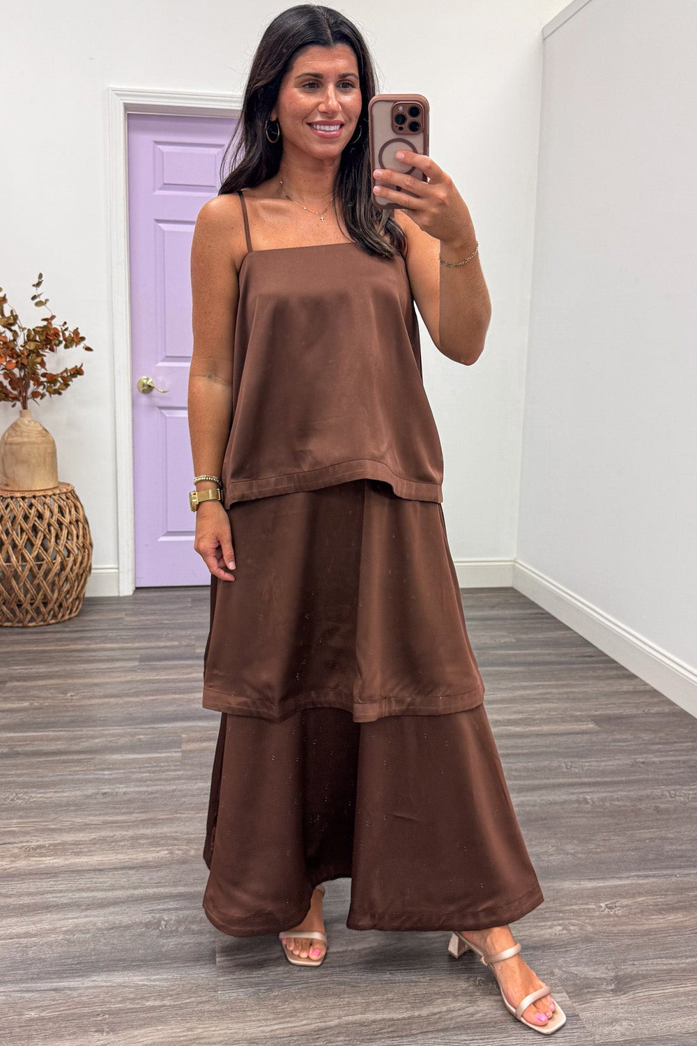solid chocolate brown sleeveless spaghetti strap layered tiered satin maxi dress