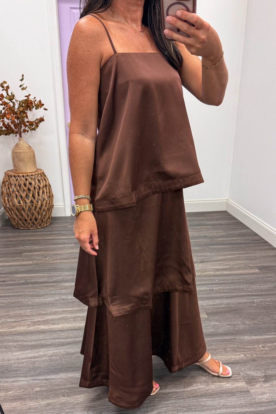 solid chocolate brown sleeveless spaghetti strap relaxed silhouette layered satin maxi dress