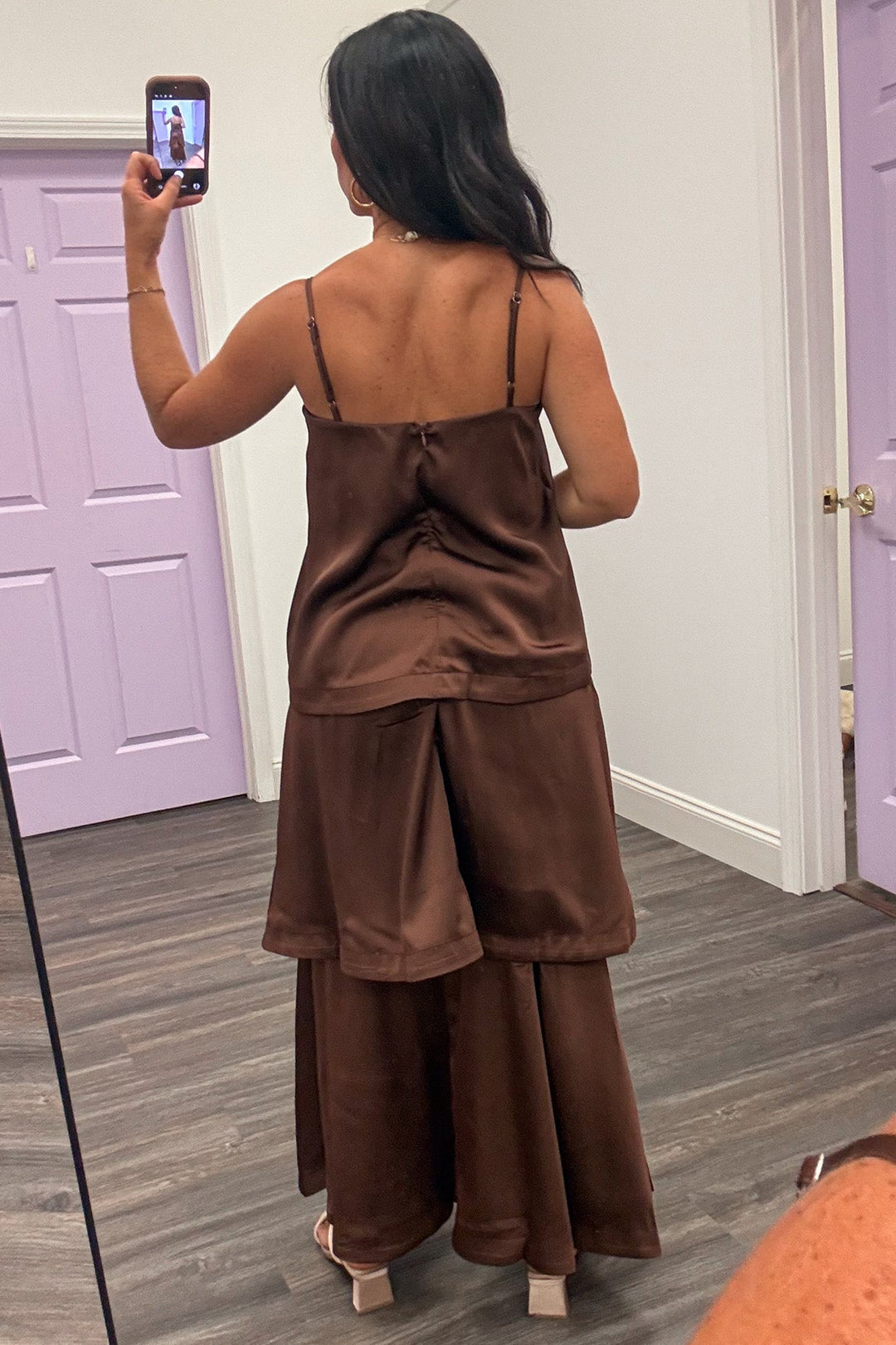 solid chocolate brown sleeveless spaghetti strap layered satin maxi dress with back zipper closure