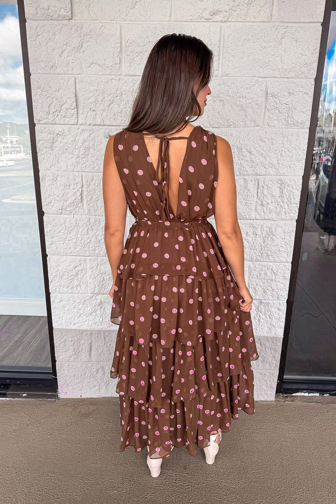 chocolate brown tiered midi dress with pale pink polka dots back