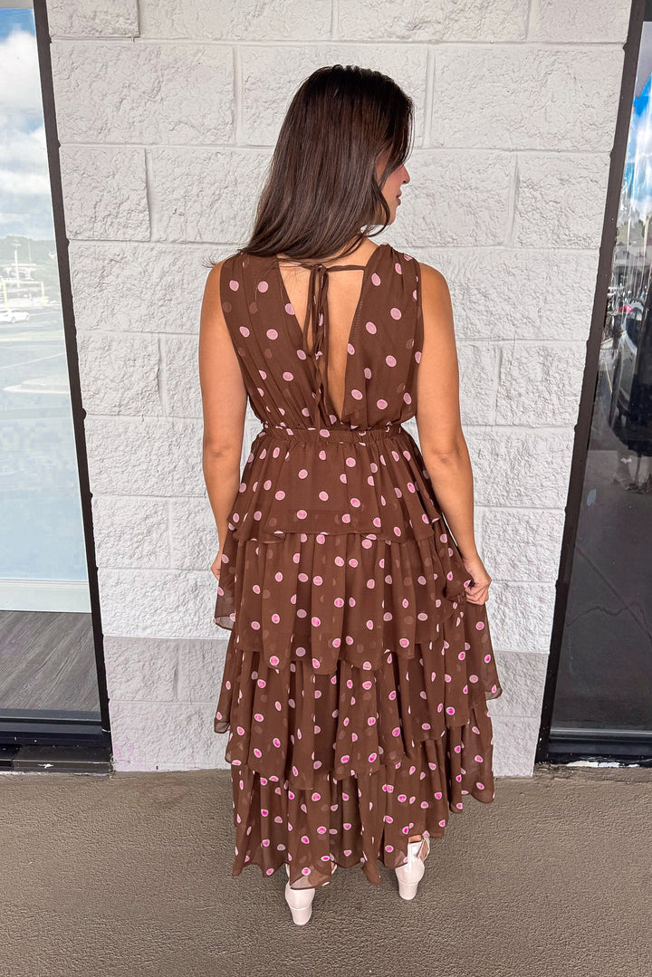 chocolate brown tiered midi dress with pale pink polka dots back