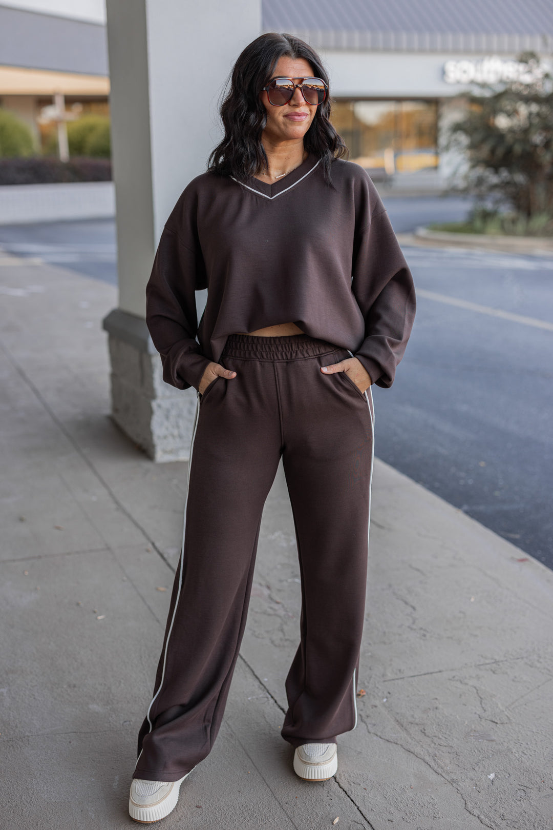 Women's chocolate brown scuba knit straight leg elastic waist pants by Rae Mode