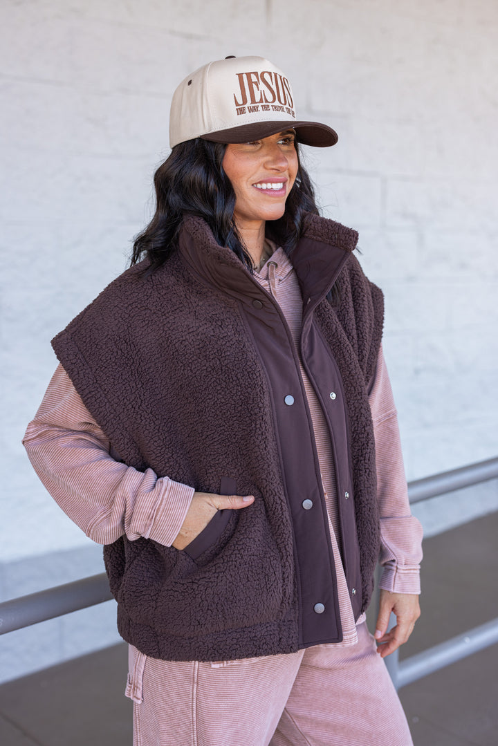 Women's espresso brown sherpa vest by Rae Mode showing side view
