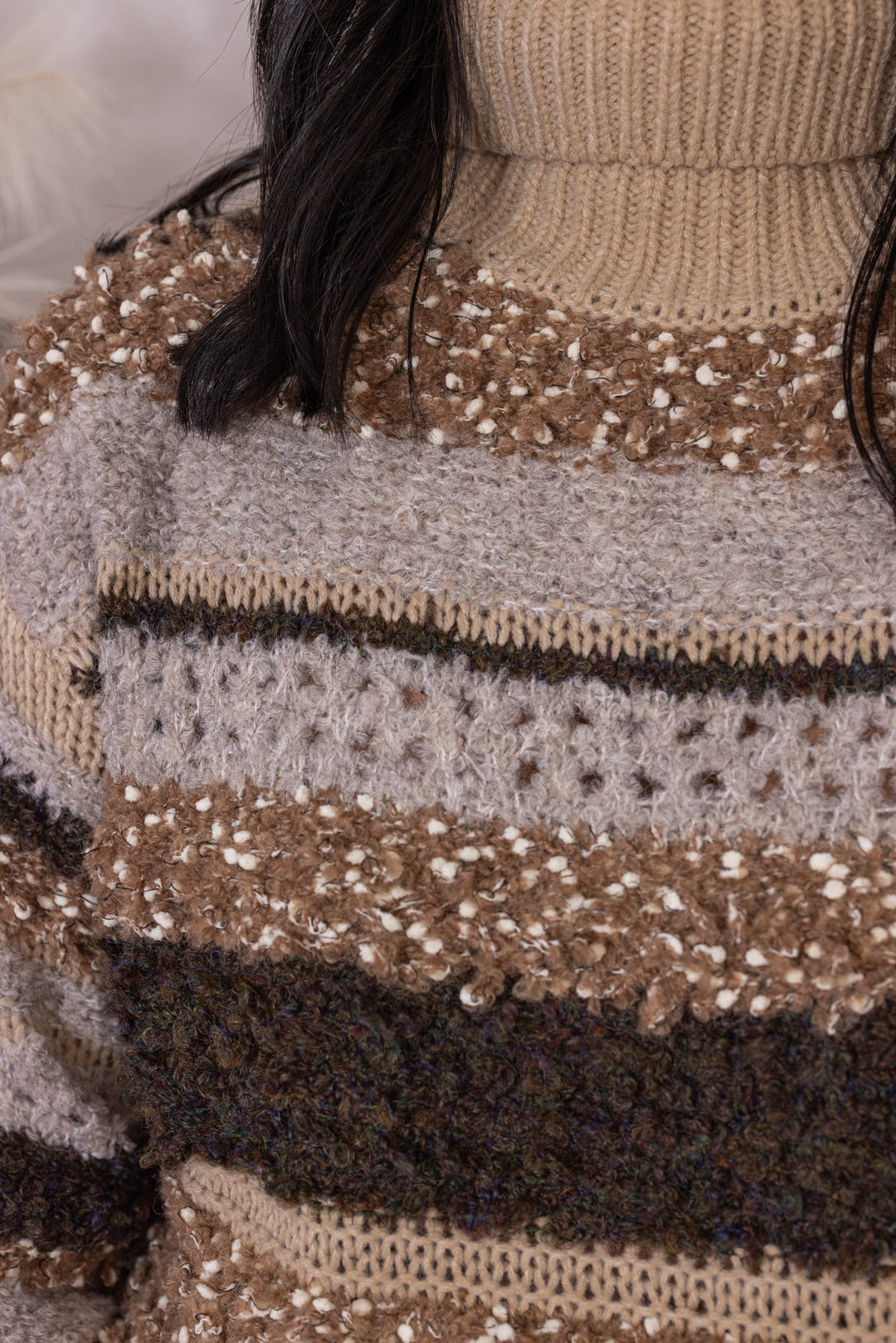 Women's textured taupe, brown and mocha striped sweater in knotted knit by Mustard Seed showing up close look at textured detail