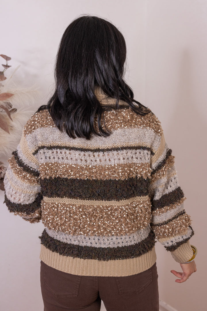 Women's textured taupe, brown and mocha striped sweater in knotted knit by Mustard Seed showing up close back view