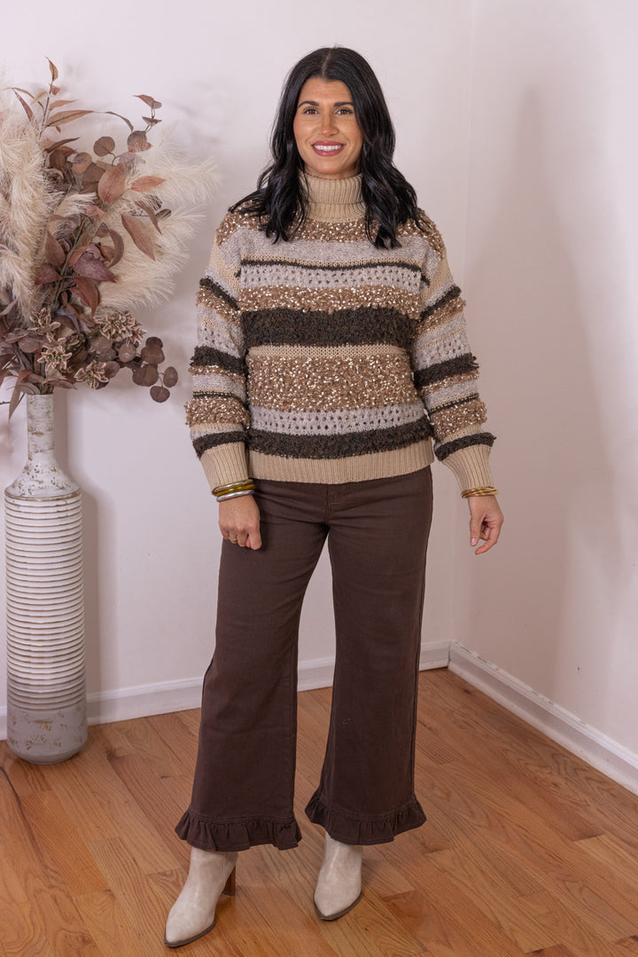 Women's textured taupe, brown and mocha striped sweater in knotted knit by Mustard Seed showing full front view
