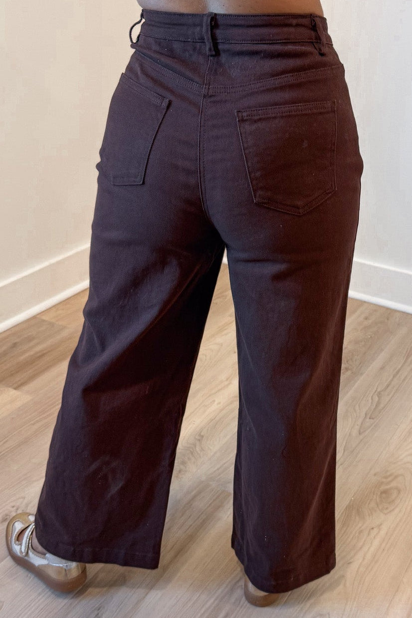 solid chocolate brown wide leg silhouette high waisted denim jeans with back pockets