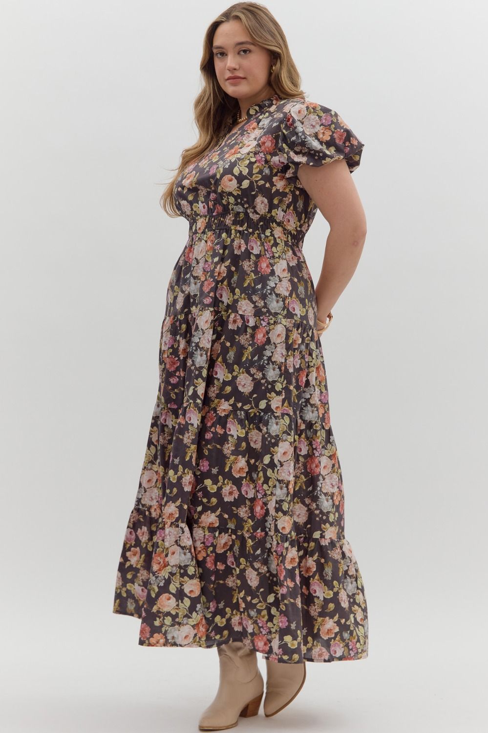 Women's chocolate brown midi dress with multicolor floral print by Entro in plus showing slight view