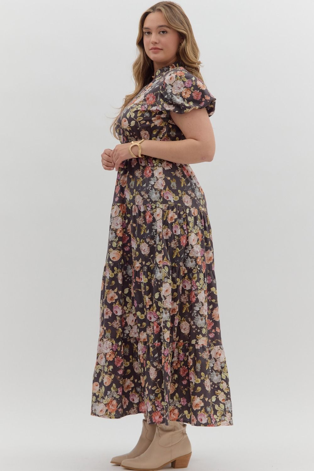Women's chocolate brown midi dress with multicolor floral print by Entro in plus showing side view