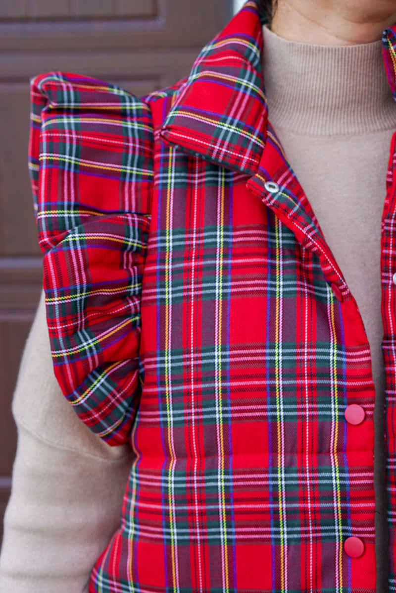 traditional red christmas plaid puffer vest