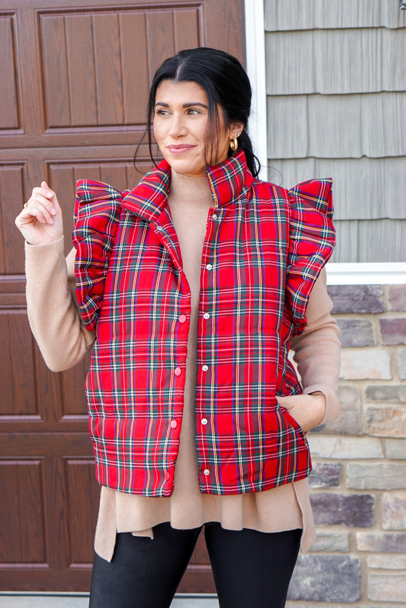 traditional red christmas plaid puffer vest