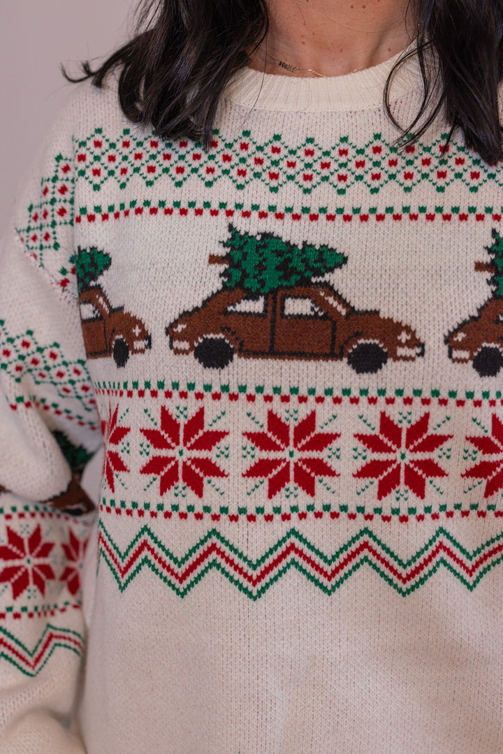 Christmas Tree Car Fair Isle Sweater by Wishlist showing holiday pattern