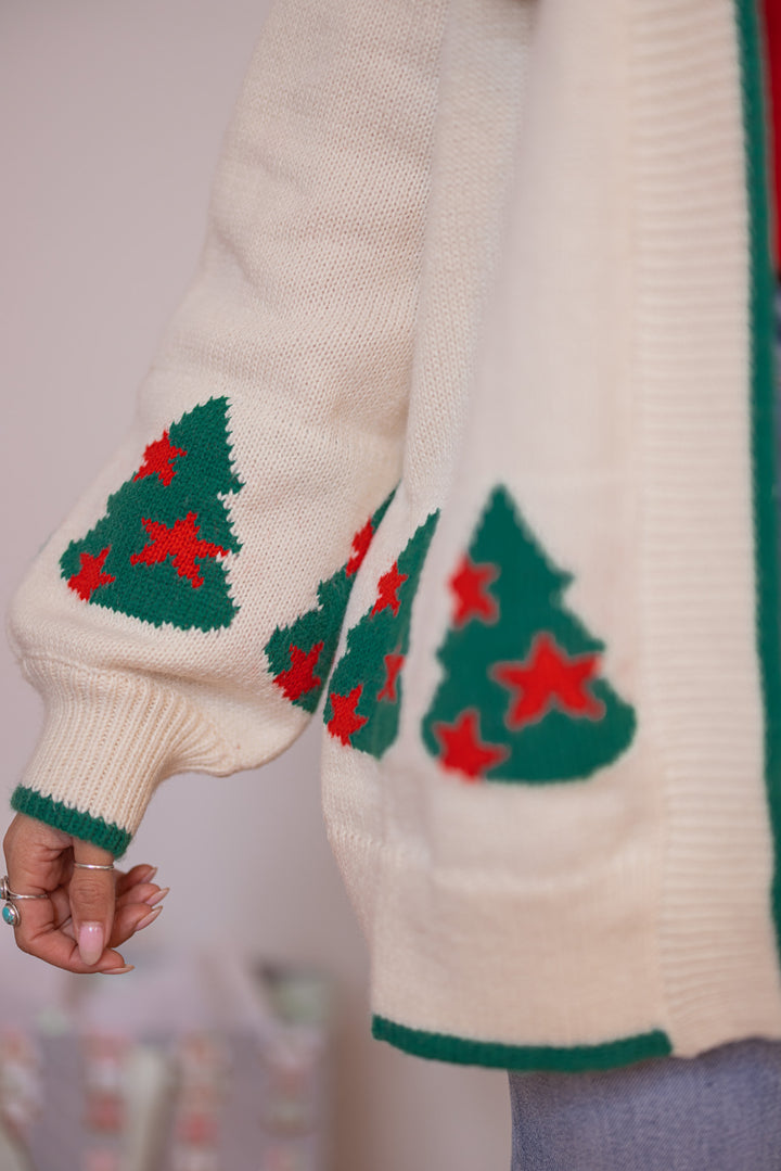 Women's ivory Christmas tree print cardigan with textured waffle knit detail by Fantastic Fawn showing christmas tree details