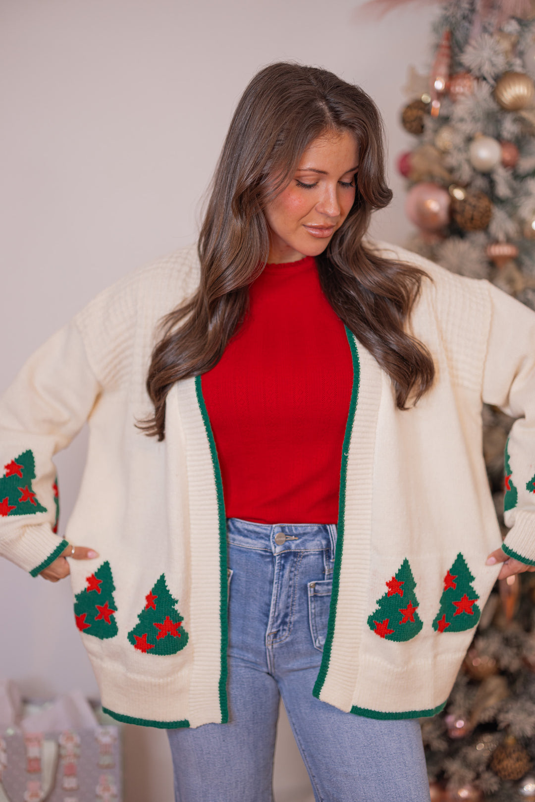 Women's ivory Christmas tree print cardigan with textured waffle knit detail by Fantastic Fawn showing loose, relaxed fit