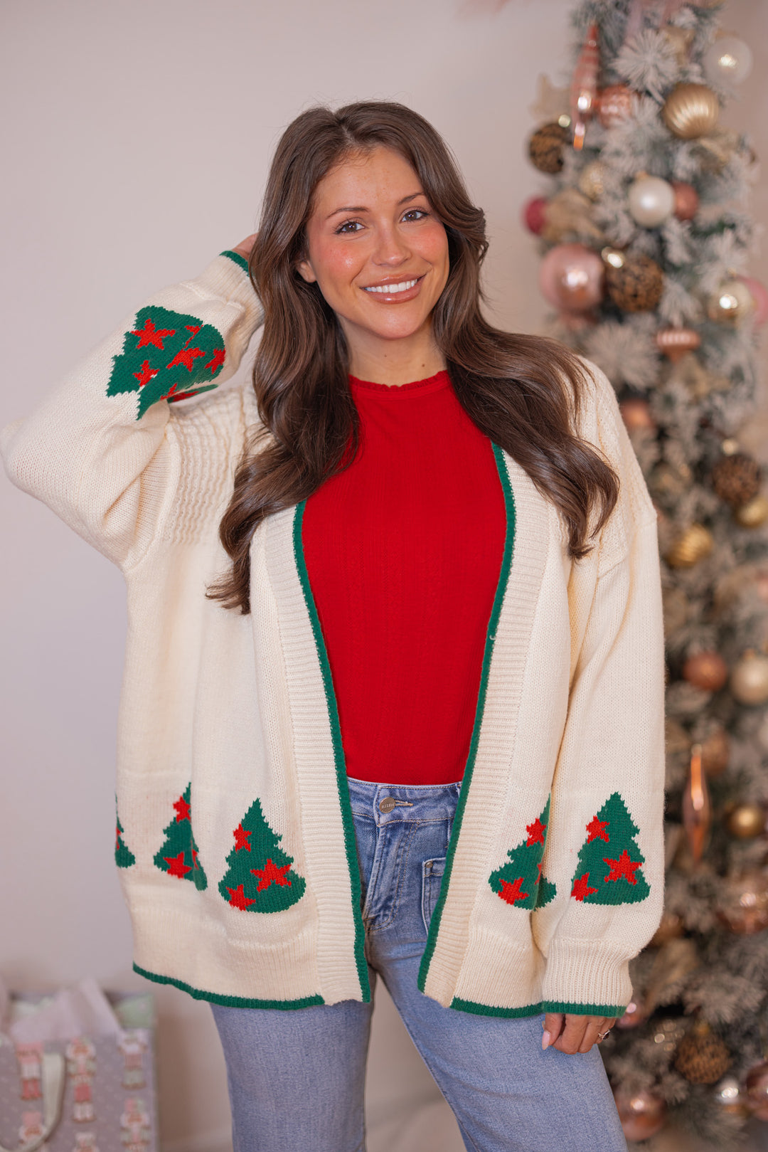 Women's ivory Christmas tree print cardigan with textured waffle knit detail by Fantastic Fawn