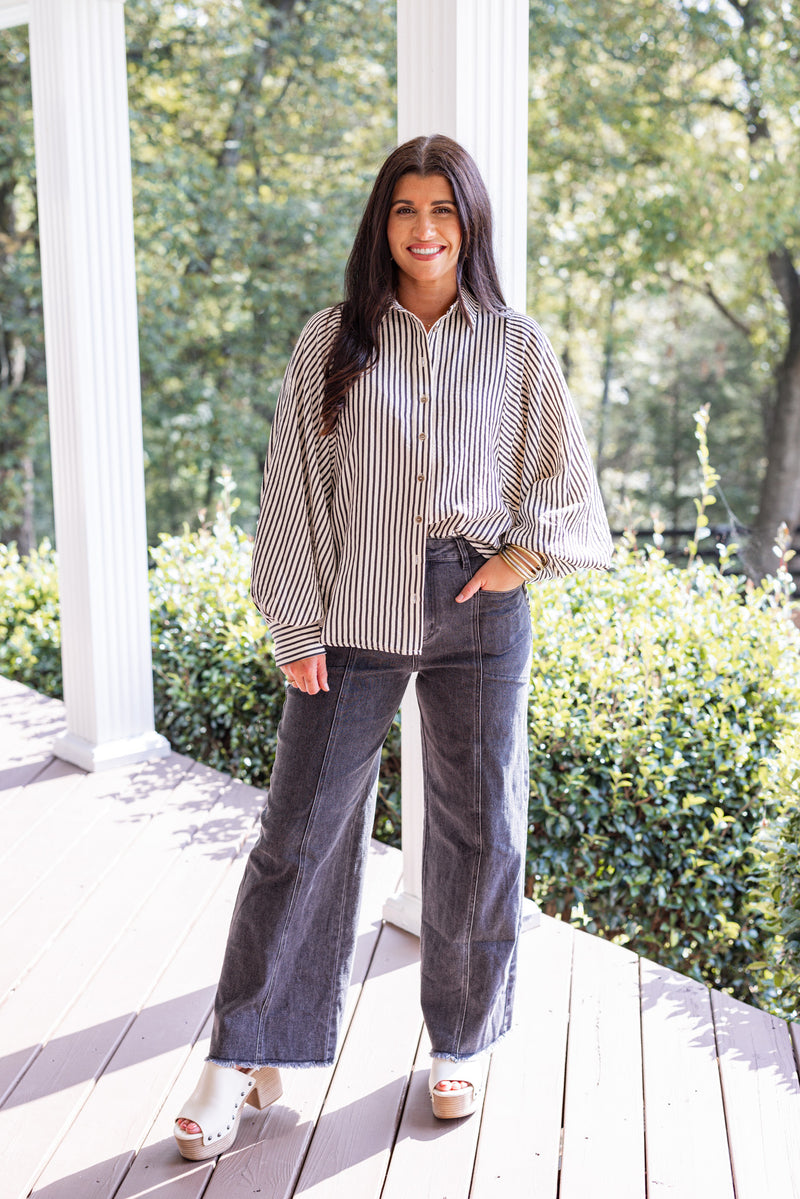 black white striped button down top