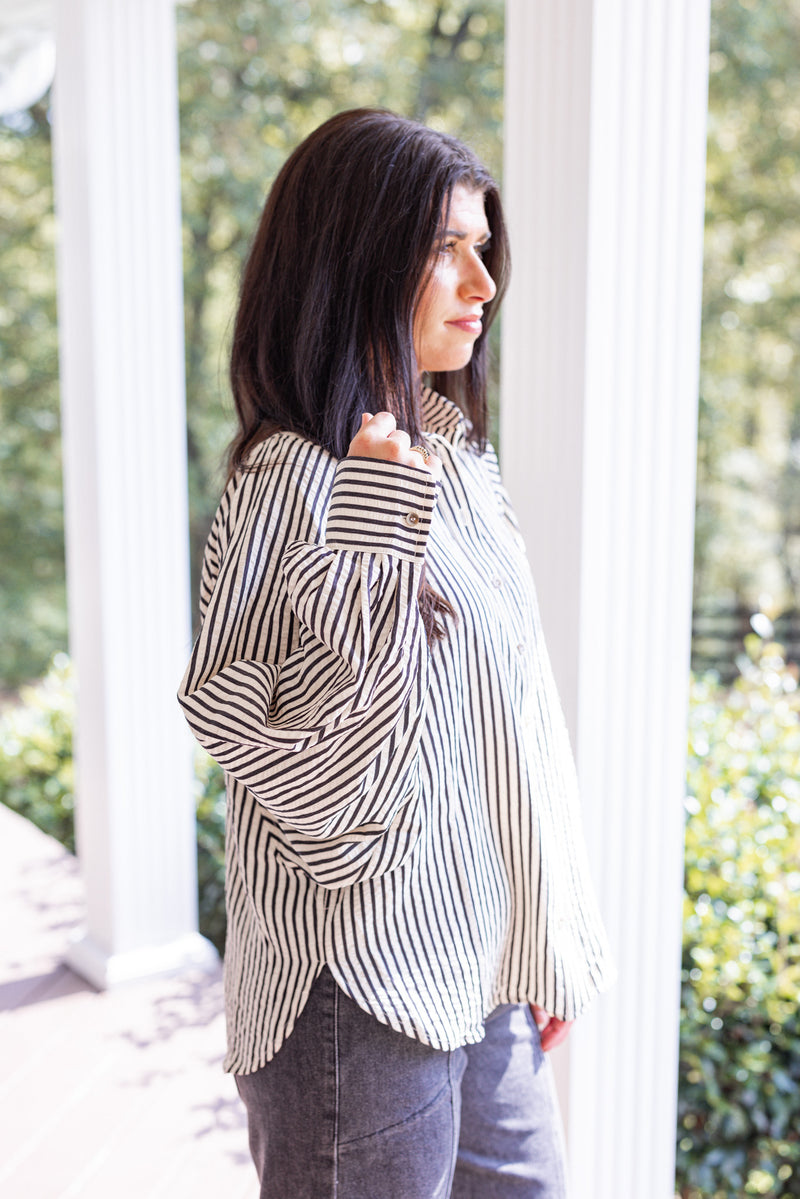 black white striped button down top