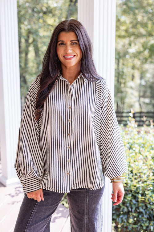 black white striped button down top