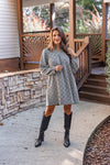 black white textured long sleeve shift dress