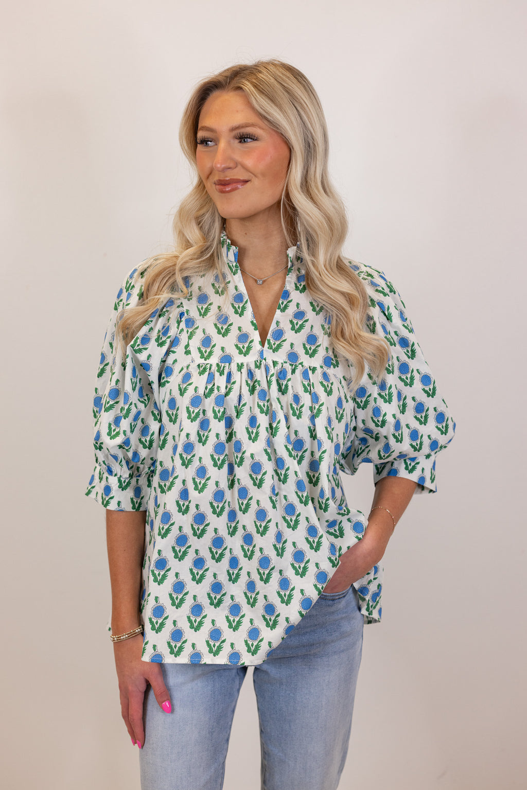 entro green blue floral dressy top