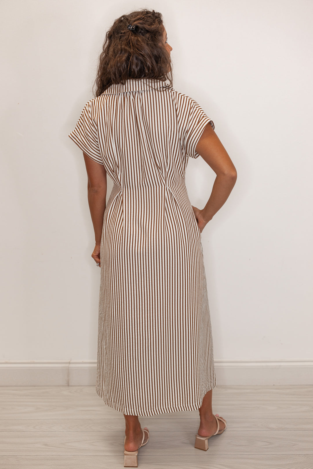 back view of Women's ivory and brown striped midi dress 
