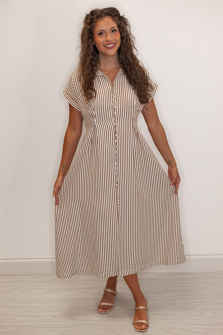 Women's collared ivory and brown striped midi dress 
