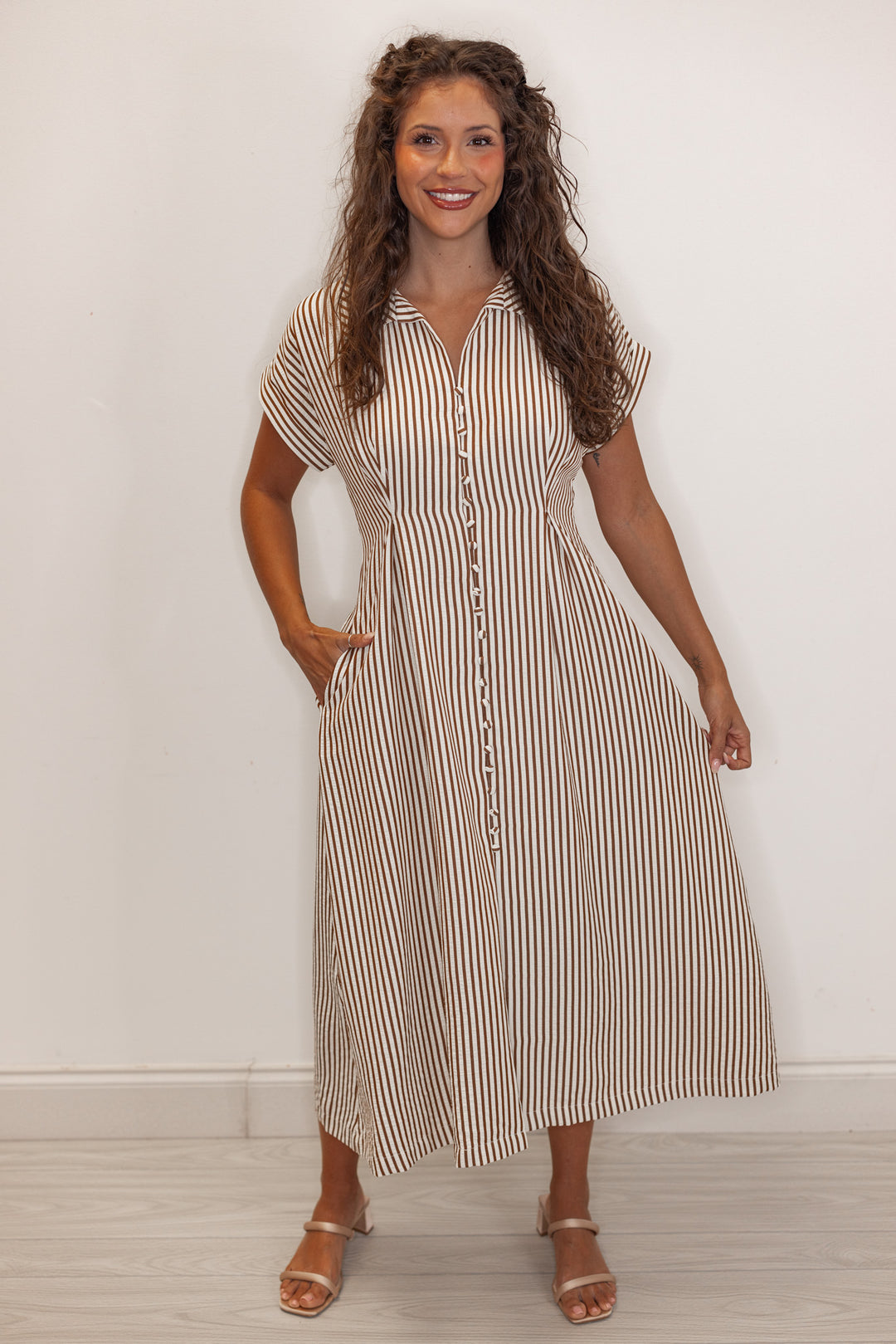 Women's ivory and brown striped midi dress with front buttons