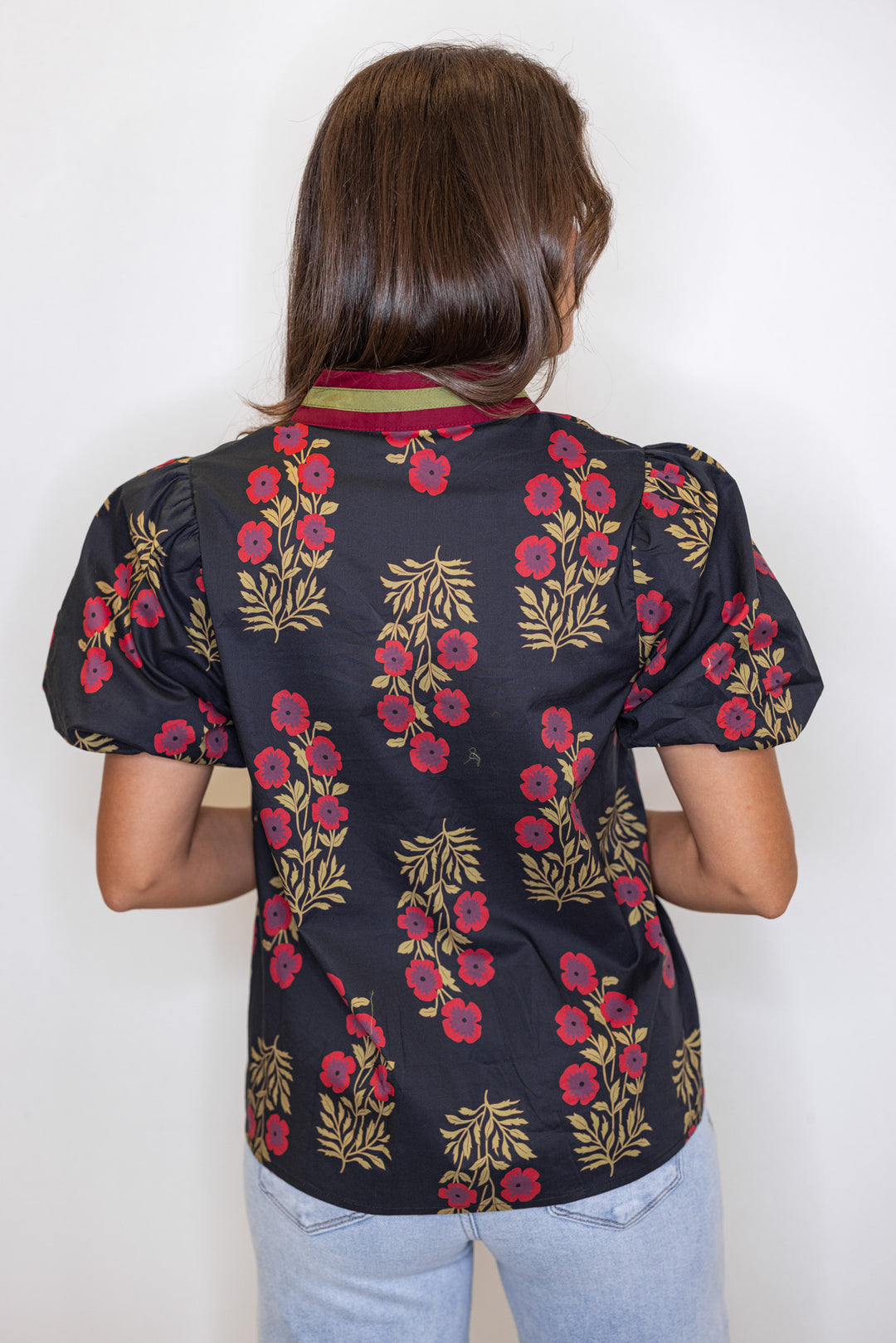 Women's black and burgundy floral poplin top by Entro showing up close back view