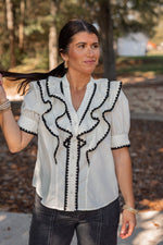 white black ric rac trim ruffle top