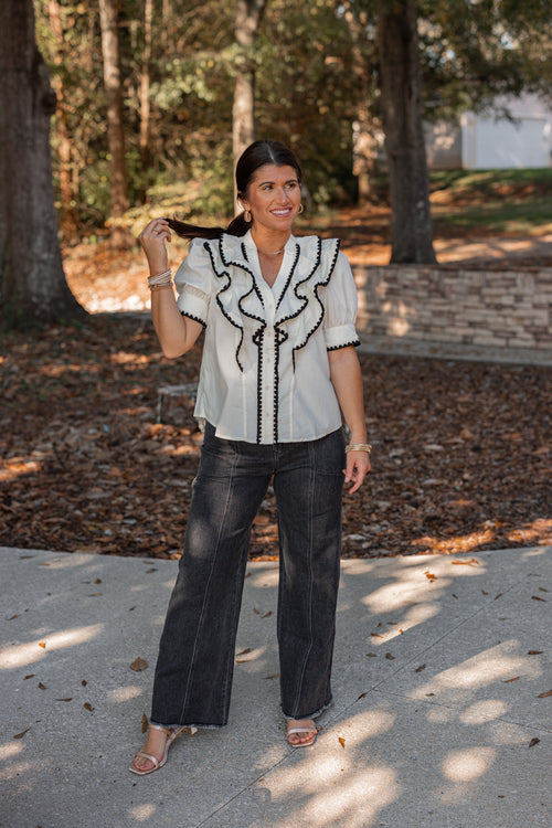 white black ric rac trim ruffle top