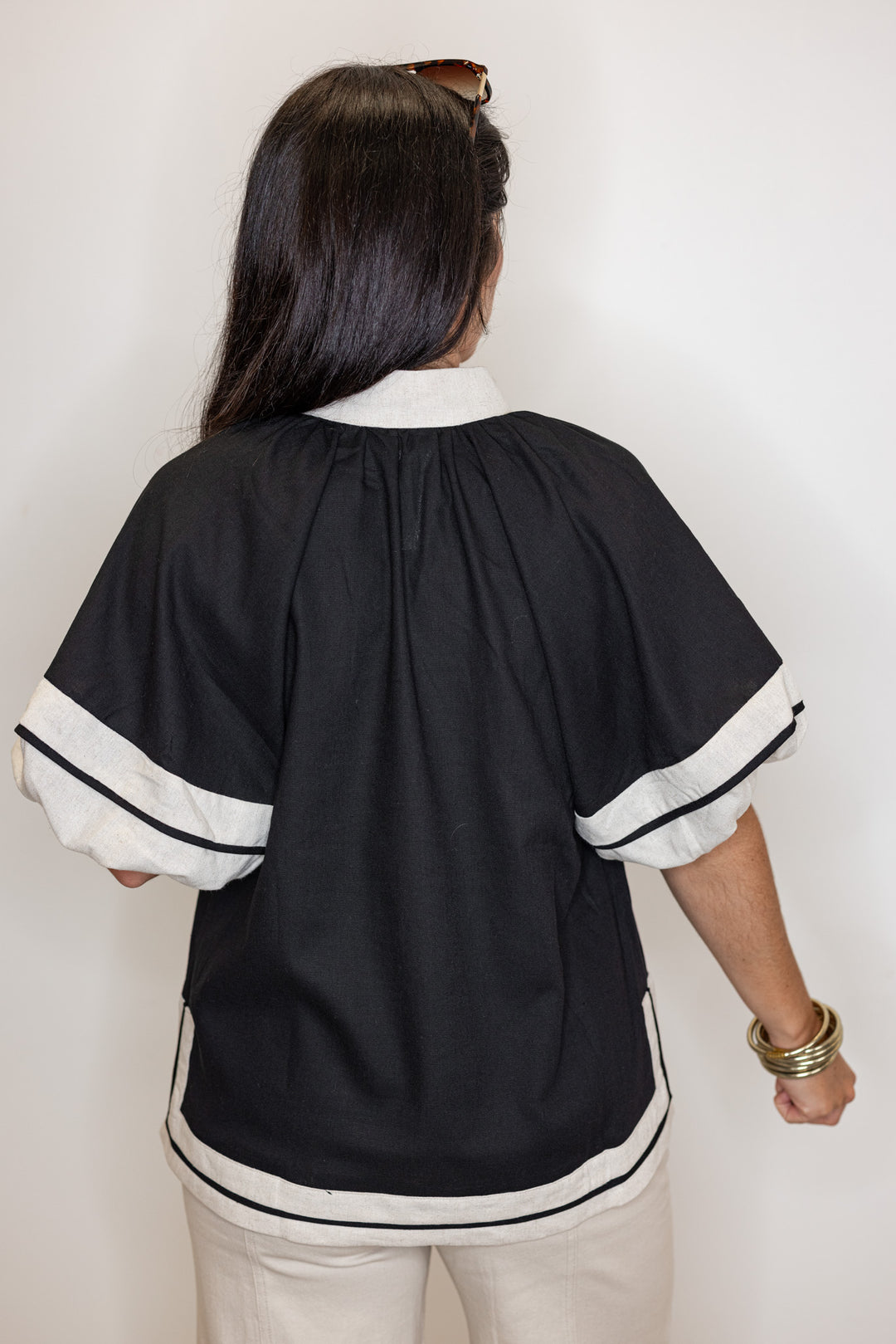 black linen colorblock top