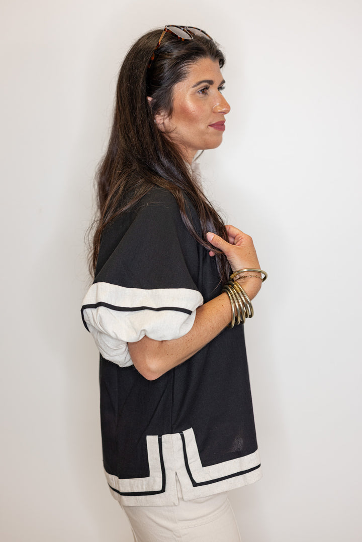 black linen colorblock top