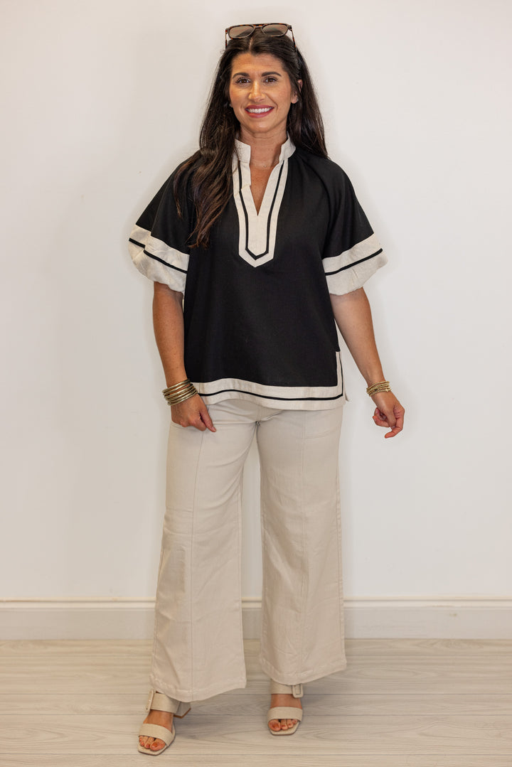 black linen colorblock top