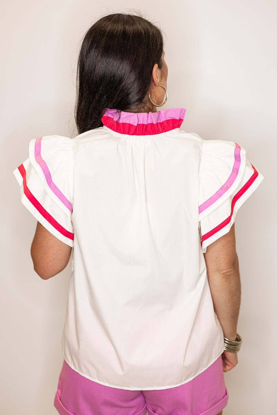 women's pink ruffle trim dressy top
