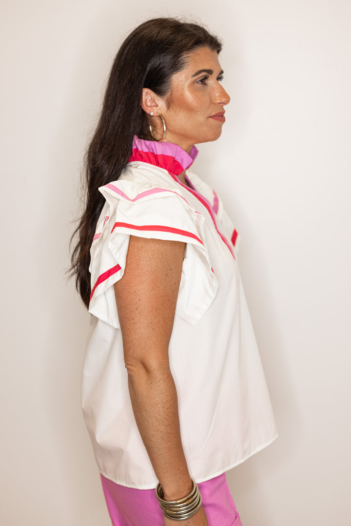 women's pink ruffle trim dressy top